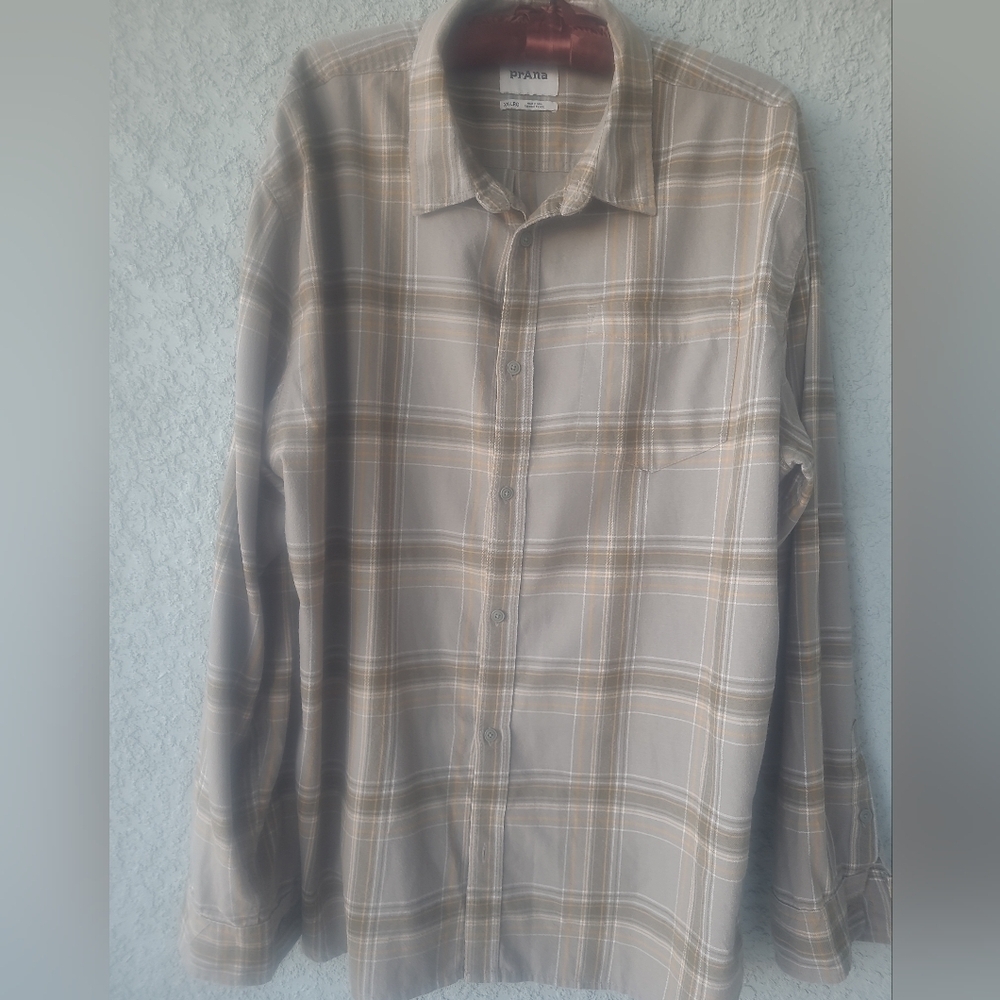 Prana Men's Plaid Button-Down Shirt - Beige and Cream Organic Cotton